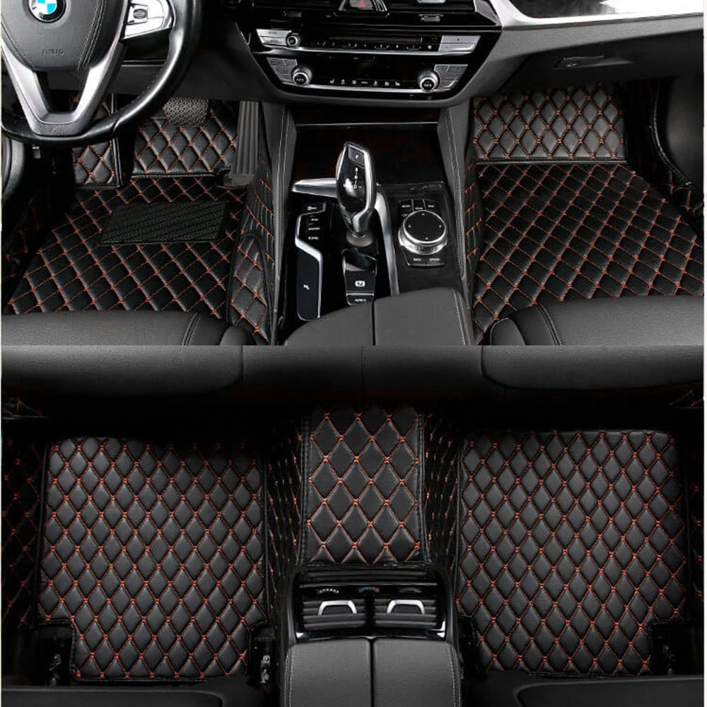 Best Black and Orange Stitching Luxury Leather Diamond Car Mats