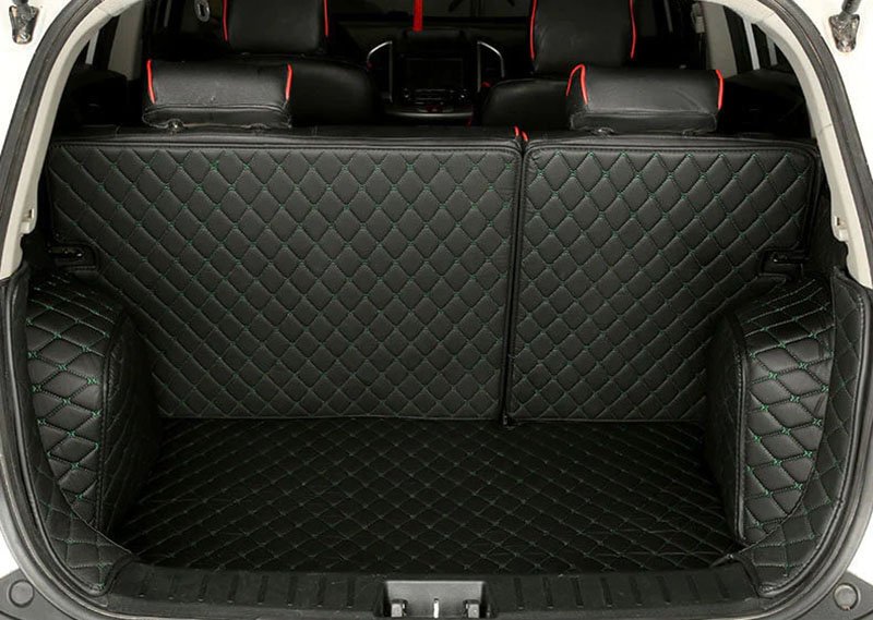 Best Black and Green Stitching Full Cover Luxury Leather Diamond Trunk Car Mats